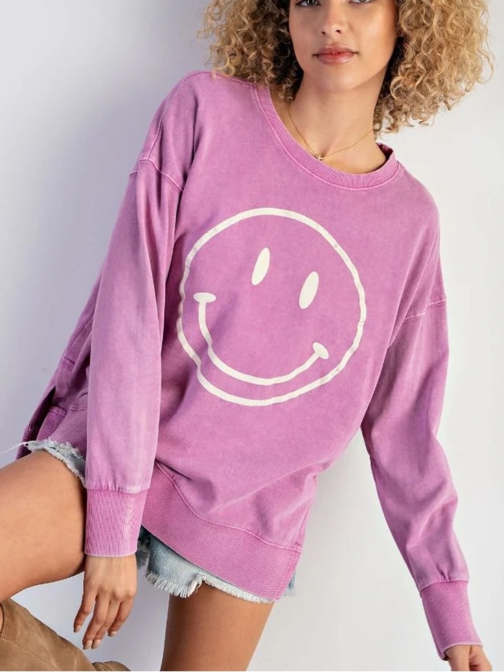 Easel Don't Forget to Smile Mineral Wash Top  Size 1X Purple